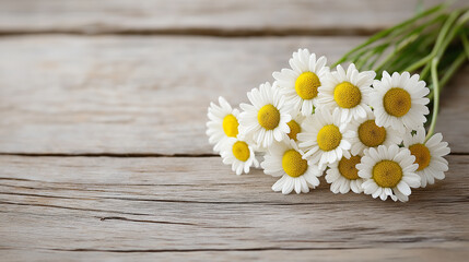 Obraz premium Fresh and vibrant bouquet of daisies on rustic wooden table, evoking cheerful and natural atmosphere. Perfect for spring decor or floral arrangements