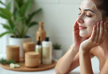 Woman enjoying a relaxing skincare routine, applying a face mask in a natural, serene bathroom setting with organic skincare products.
