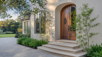 Fototapeta premium Elegant entrance of a modern home featuring a wooden door, stone steps, and lush greenery in a serene outdoor setting.
