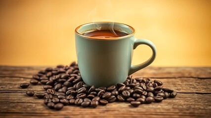 A steaming cup of coffee resting on a bed of roasted beans, a perfect morning ritual