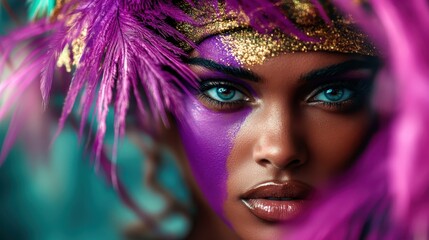 An ethereal depiction of a mysterious figure whose intense gaze is surrounded by purple feathers, highlighting an aura of intrigue and artistic mystique in the composition.