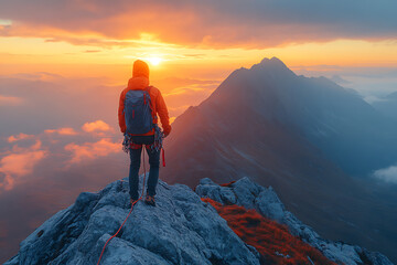 Fototapeta premium A person climbing a mountain peak at sunrise, symbolizing motivation, achievement, and reaching goals, set against a beautiful natural landscape, inspiring determination and perseverance. 