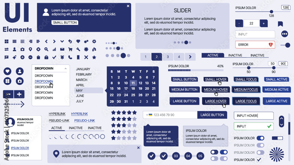 Poster modern ui kit featuring a collection of essential buttons, icons, and navigation elements for websit