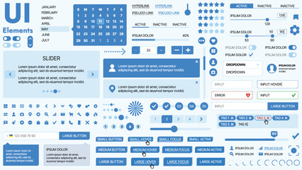 Modern UI kit featuring a collection of essential buttons, icons, and navigation elements for websites and mobile apps. Ideal for responsive design and dashboards.