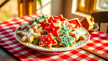 A plate of freshly baked star-shaped cookies decorated with red, green, and white icing, dusted with powdered sugar and arranged on a red and white checkered tablecloth