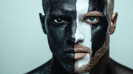 A striking image showcases a man's face paint split, black on one side, white on the other, casting an intriguing visual effect, emphasizing dual identity themes.