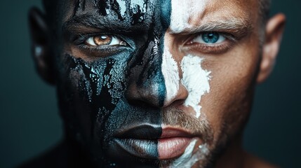 An expressive portrait showcasing dual gazes, each face half-painted with contrasting colors, capturing a sense of inner depth and layered identities.