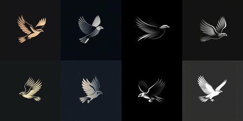 Fototapeta premium A contemporary hawk logo showcasing a streamlined silhouette in flight with sharp wings, designed in a monochromatic color scheme.