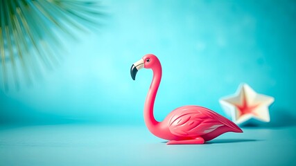 Fototapeta premium Pink Flamingo Figurine on Blue Background with Palm Leaf Shadow and White Star