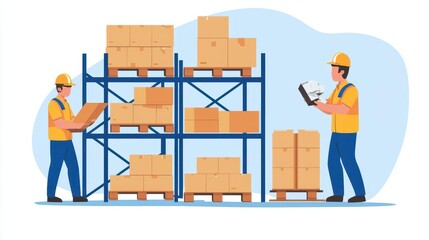 Warehouse staff reviewing stock levels, efficient inventory planning, logistics management, organized setup