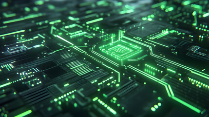 Fototapeta premium A detailed glowing green circuit board with illuminated pathways, symbolizing advanced electronics and futuristic connectivity.