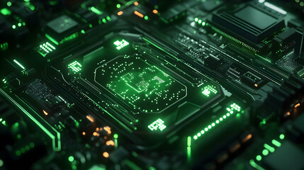 Fototapeta premium A central processing unit (CPU) glowing green amidst a digital circuit board, representing futuristic computing systems.