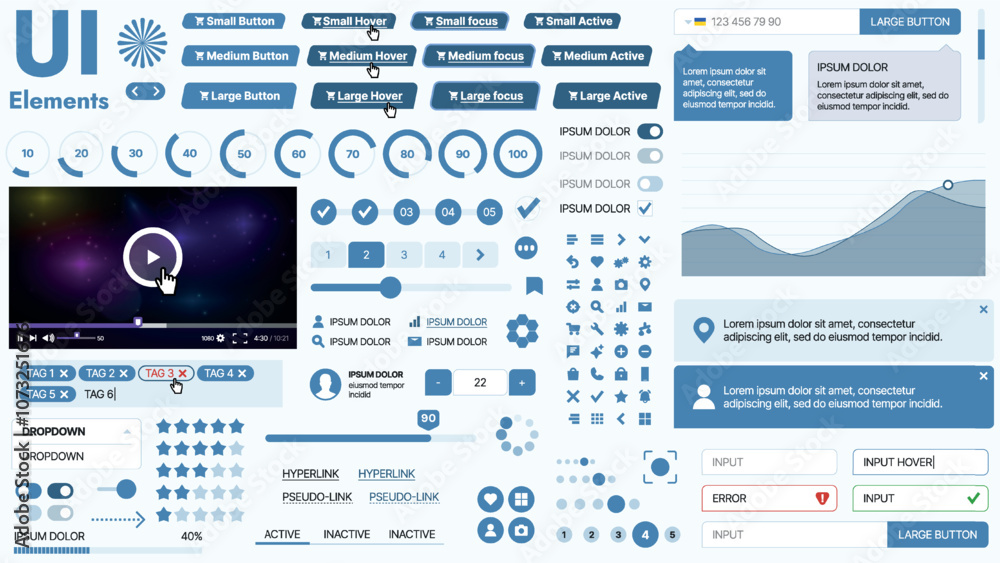 Poster modern ui kit featuring a collection of essential buttons, icons, and navigation elements for websit