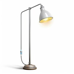 A modern desk lamp with a sleek design, featuring a metallic arm and a white shade, casting a warm glow.