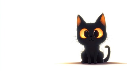 a 2D cartoon illustration of a Halloween black cat with glowing eyes, spooky and cute, white...