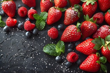 Fototapeta premium Fresh Summer Berries on a Dark Background Perfect for Culinary Designs and Seasonal Promotions