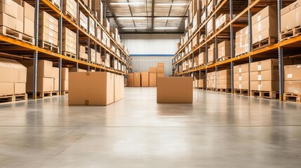 Warehouse with organized inventory shelves, focus on supply planning, efficient logistics system, professional look