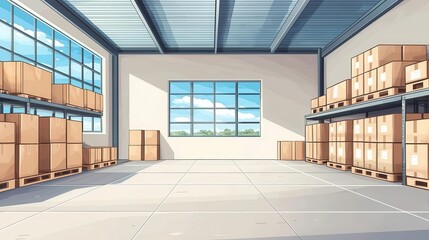 Warehouse with organized inventory shelves, focus on supply planning, efficient logistics system, professional look