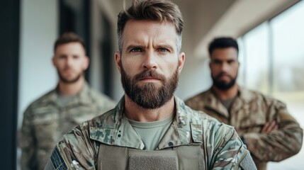 Fototapeta premium Three soldiers in camouflage uniforms stand confidently, exuding strength and teamwork, portraying a unified front ready to face challenges head-on.