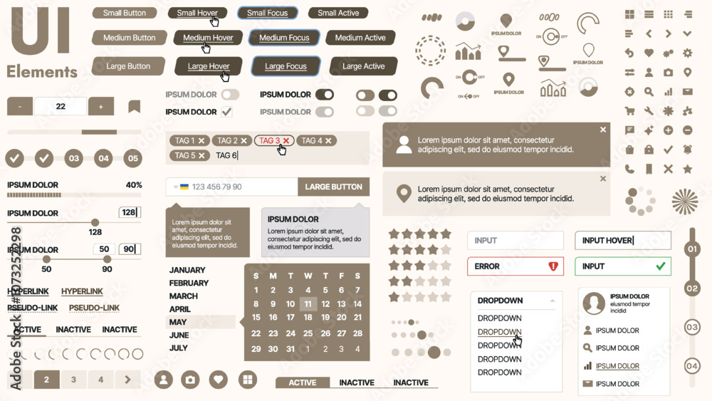Poster modern ui kit featuring a collection of essential buttons, icons, and navigation elements for websit