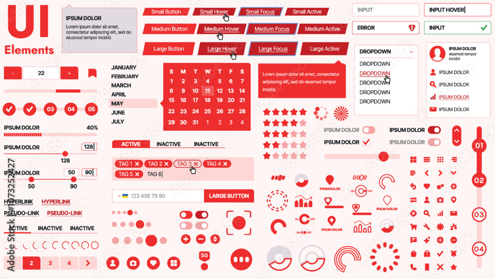 Poster modern ui kit featuring a collection of essential buttons, icons, and navigation elements for websit