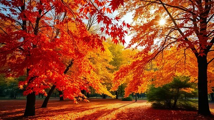 A Sunlit Autumn Forest with Red and Yellow Leaves, a Carpet of Fallen Foliage, and a Dramatic Sky