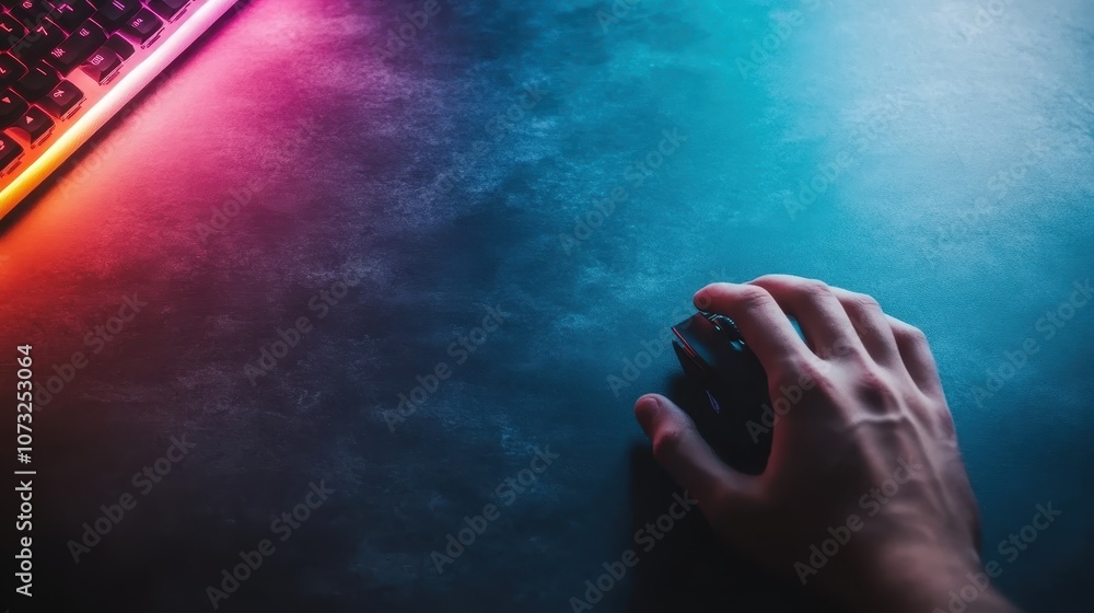Poster a close-up of a hand resting on a gaming mouse, vividly illuminated by an rgb keyboard against a vib