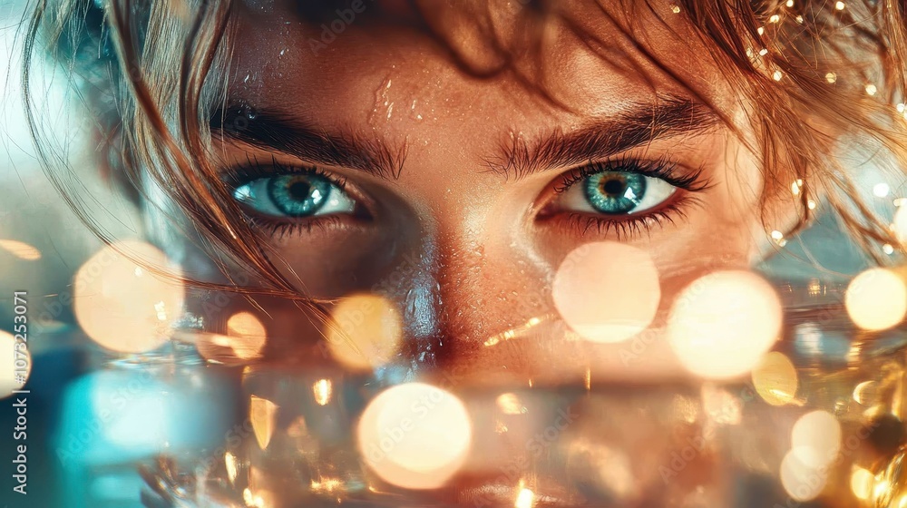 Aufkleber a captivating image highlighting intense eyes staring through abstract bokeh lights, creating an int