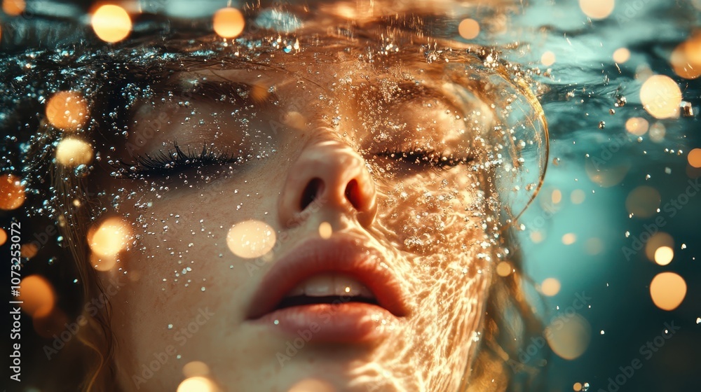 Poster a close-up of a face submerged in water, serene and calm, with sparkling bokeh effects adding a drea