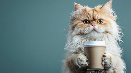 A fluffy orange Persian cat adorably clasping a coffee cup, evoking warmth and cuteness; a charming scene symbolizing relaxation and companionship at home.