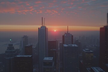 The sun is setting over a city skyline, casting a warm glow over the buildings
