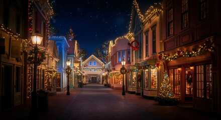 Naklejka premium Charming holiday street adorned with festive lights and decorations at night