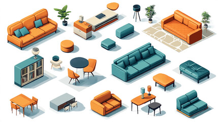 Vector isometric home furniture set. Domestic and office furniture and equipment. Sofas, chairs, armchairs, tables, lamps, cabinets and stools.