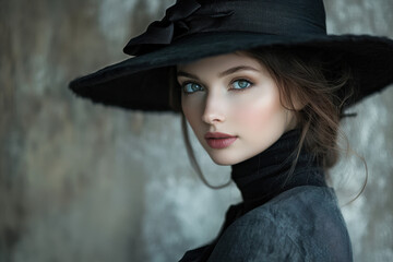 Elegant woman with captivating blue eyes wearing a black hat and coat, exuding timeless sophistication against a muted background.