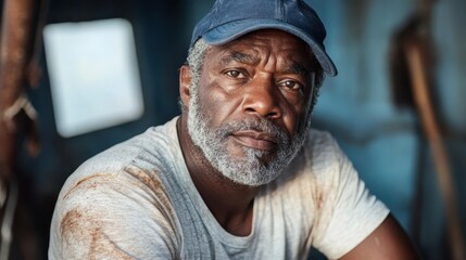 An elderly man wearing a blue cap and casual shirt sits with a thoughtful expression, surrounded by weathered structures, indicative of resilience and contemplative moments.