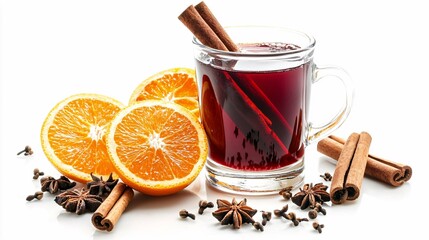 Steaming glass of spiced red wine garnished with orange slices, cloves, and cinnamon sticks, isolated on white.