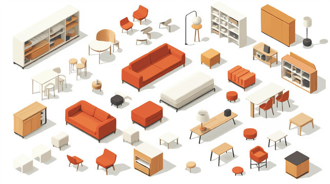 Vector isometric home furniture set. Domestic and office furniture and equipment. Sofas, chairs, armchairs, tables, lamps, cabinets and stools.