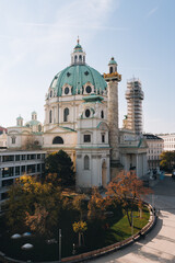 Karlskirche in Vienna during a beautiful day in autumn.