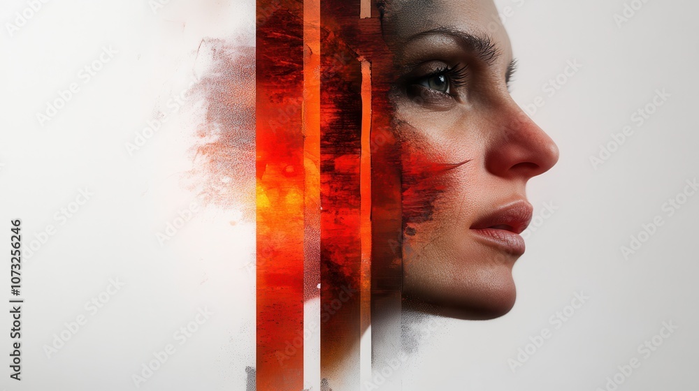 Poster an artistic portrait features a woman's profile interspersed with bold red and white abstract elemen