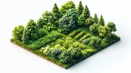 Isometric agricultural farm buildings, windmill barn and silo sheds hay garden beds and tractor. Pulling, pushing agricultural machinery, trailers, ploughing, tilling, disking. Cows on a farm.