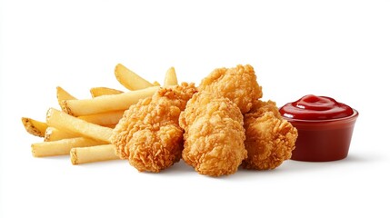 Crispy fried chicken tenders with golden fries and a side of ketchup, isolated on white background