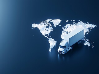 A digital illustration of a truck traveling on a glowing world map, symbolizing global logistics and transportation.