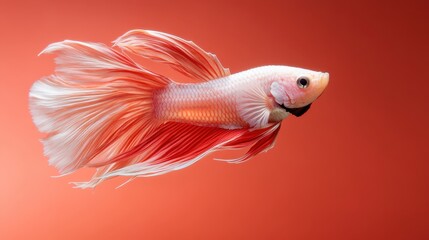 A luminous orange and white fish swims gracefully against a vibrant background, exhibiting elegance and fluidity, evoking feelings of freedom and tranquility underwater.