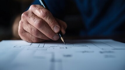 Naklejka premium A close-up of a hand holding a pen, sketching on paper, highlighting creativity and the art of drafting designs or plans.