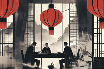 businessmen negotiate under Chinese lanterns 