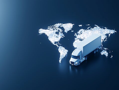 A digital illustration of a truck traveling on a glowing world map, symbolizing global logistics and transportation.