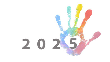 2025 year logo with rainbow hand imprint and heart for positive new year concept and valentines day.