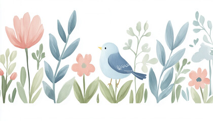 Naklejka premium A charming illustration of a blue bird surrounded by colorful flowers and green foliage, creating a serene and cheerful nature scene.