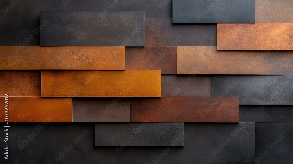 Poster a series of overlapping rectangular panels in copper, orange, and brown tones create an abstract geo