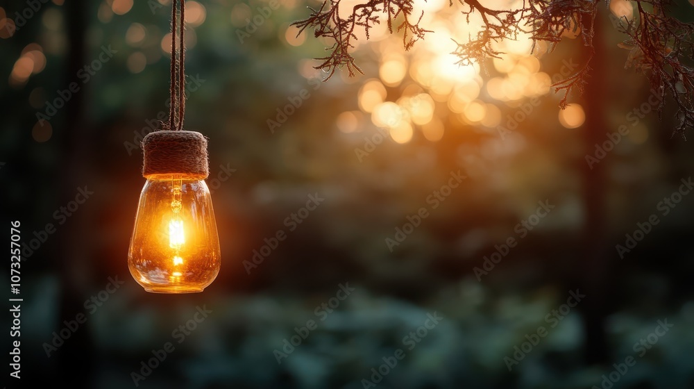 Poster a solitary lantern emits a gentle glow while hanging amidst the tranquil natural background of green